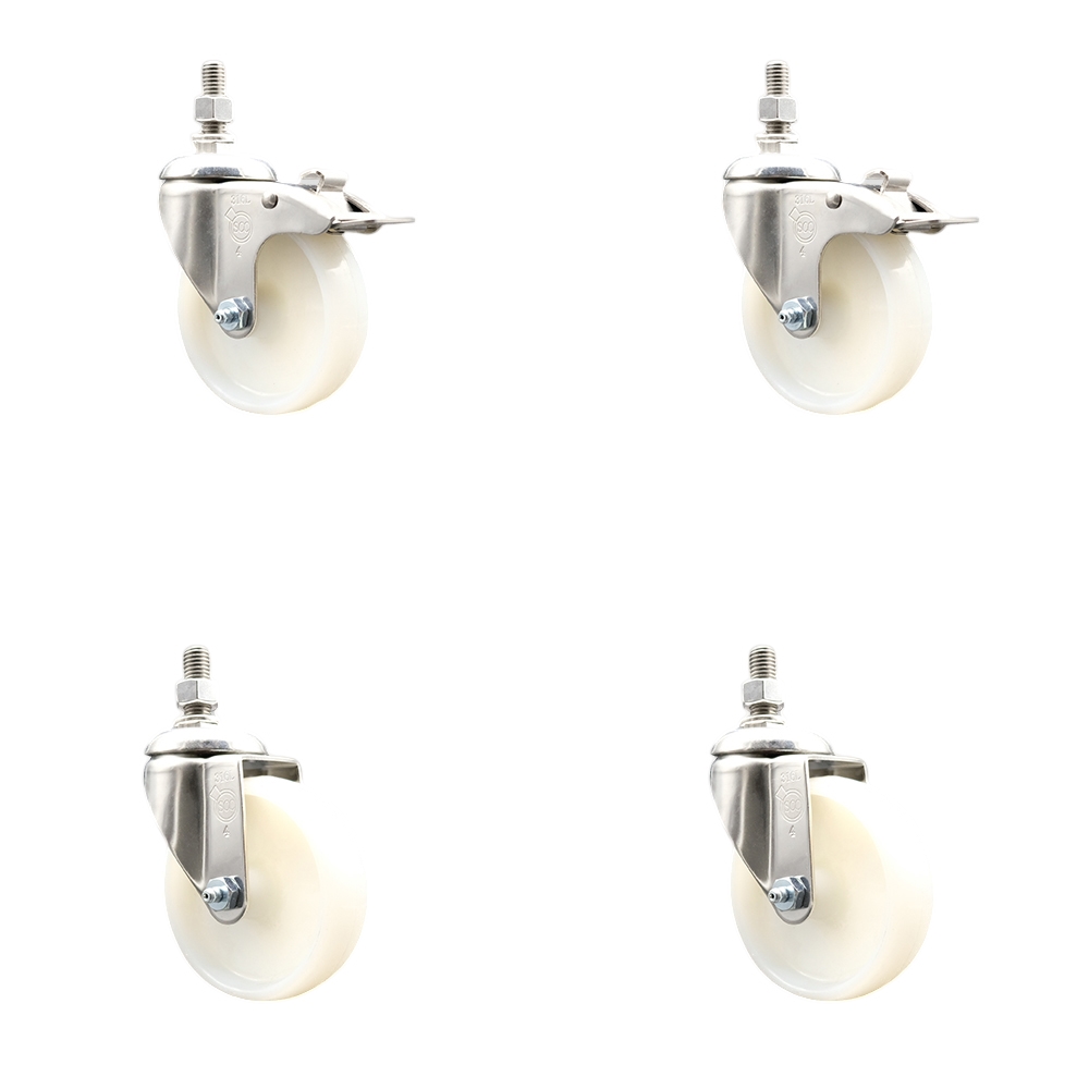 Nylon Swivel Stem Caster Set of 4 with 4 Inch Caster Wheels - 12mm Metric Threaded Stems -316 Stainless Steel Casters-Includes 2 Swivel Casters with Total Lock Brakes and 2 Swivel-Service Caster Brand — photo 1