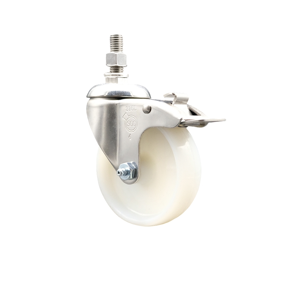 Nylon Swivel Stem Caster with 4 Inch White Caster Wheel and Total Lock Brake - 12mm Metric Threaded Stem - 316 Stainless Steel Caster - 300 lbs. Capacity Per Caster - Service Caster Brand — photo 1