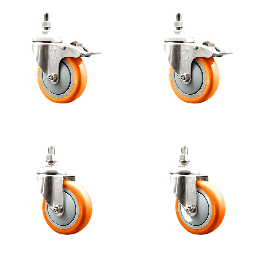 Poly Swivel Stem Caster Set of 4 with 4 Inch Orange Caster Wheels - 1/2" Threaded Stems - 316 Stainless Steel Casters-Includes 2 Swivel Casters with Total Lock Brakes and 2 Swivel-Service Caster Brand — photo 1
