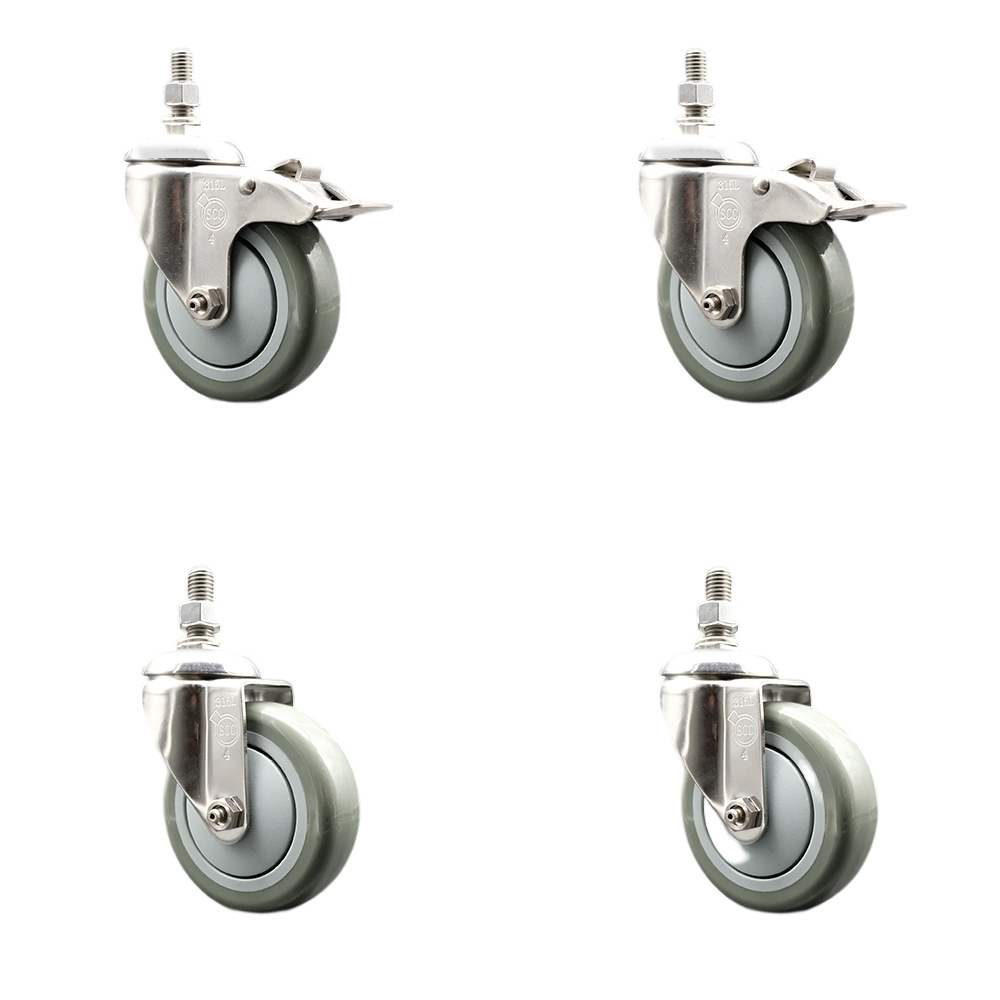 Poly Swivel Stem Caster Set of 4 with 4 Inch Gray Caster Wheels - 1/2" Threaded Stems - 316 Stainless Steel Casters -Includes 2 Swivel Casters with Total Lock Brakes and 2 Swivel-Service Caster Brand — photo 1