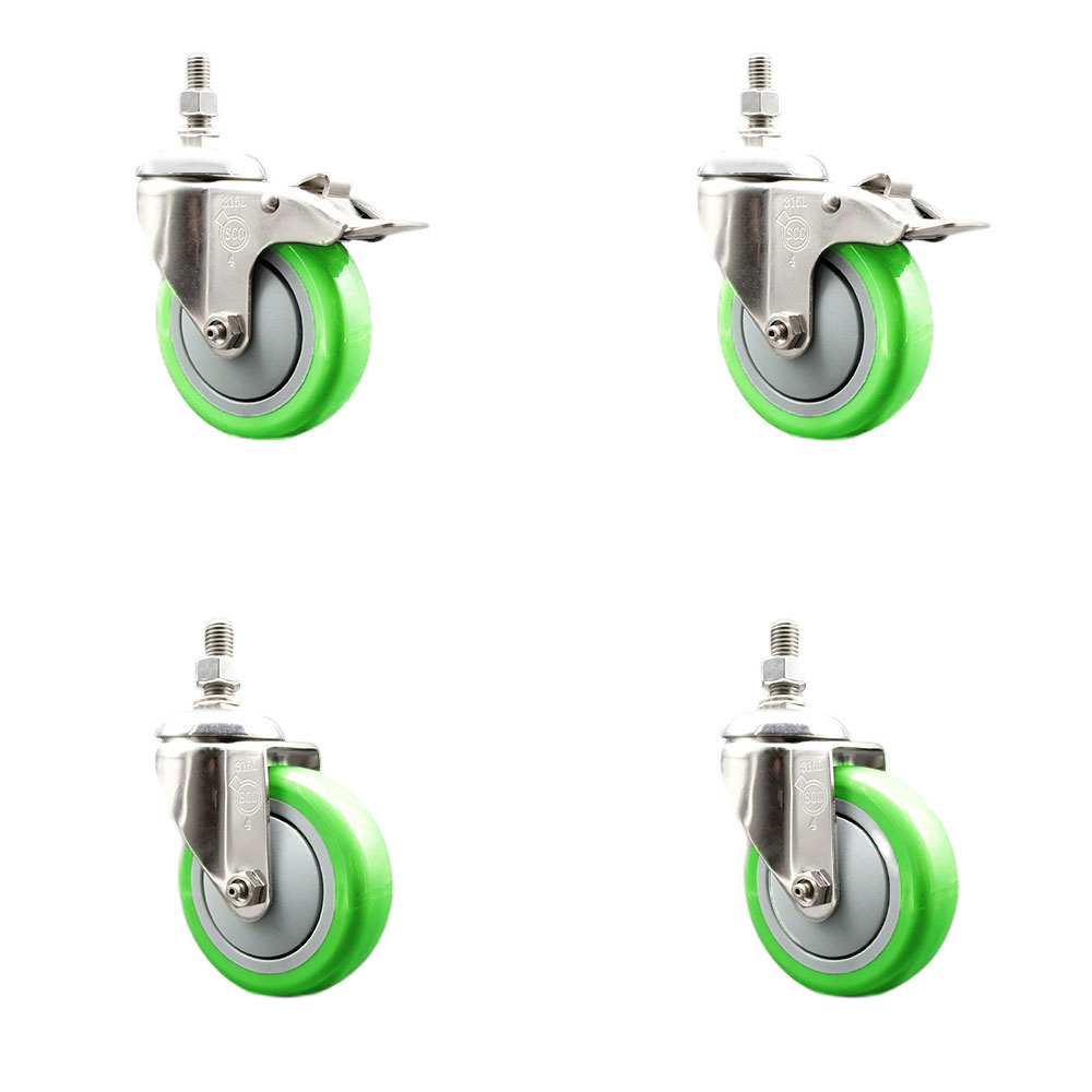 Poly Swivel Stem Caster Set of 4 with 4 Inch Green Caster Wheels - 1/2" Threaded Stems - 316 Stainless Steel Casters -Includes 2 Swivel Casters with Total Lock Brakes and 2 Swivel-Service Caster Brand — photo 1