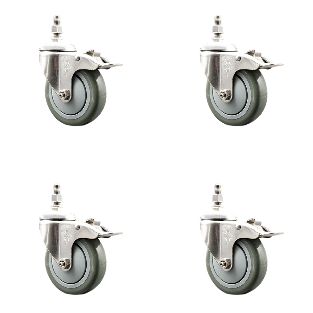 Polyurethane Swivel Stem Caster Set of 4 with 4 Inch Gray Caster Wheels - 1/2" Threaded Stems - 316 Stainless Steel Casters - Includes 4 Swivel Casters with Total Lock Brakes - Service Caster Brand — photo 1