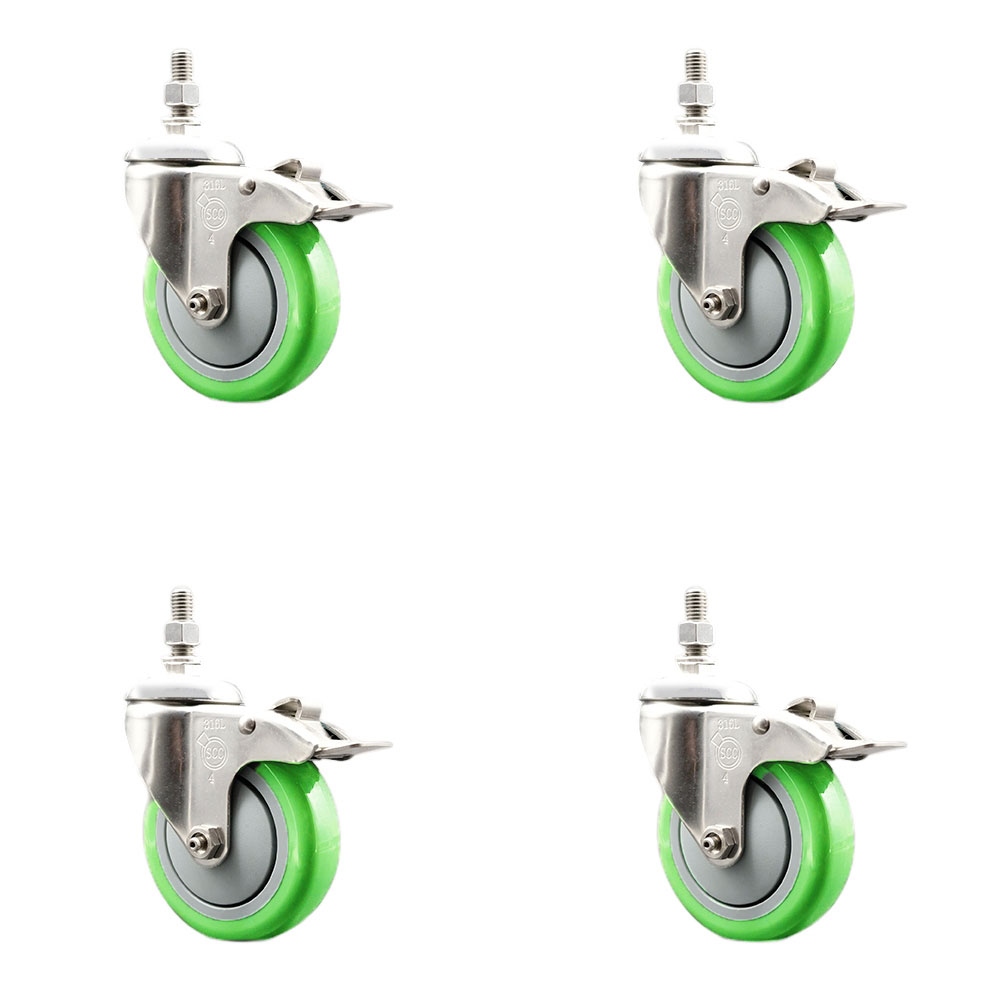Polyurethane Swivel Stem Caster Set of 4 with 4 Inch Green Caster Wheels - 1/2" Threaded Stems - 316 Stainless Steel Casters - Includes 4 Swivel Casters with Total Lock Brakes - Service Caster Brand — photo 1