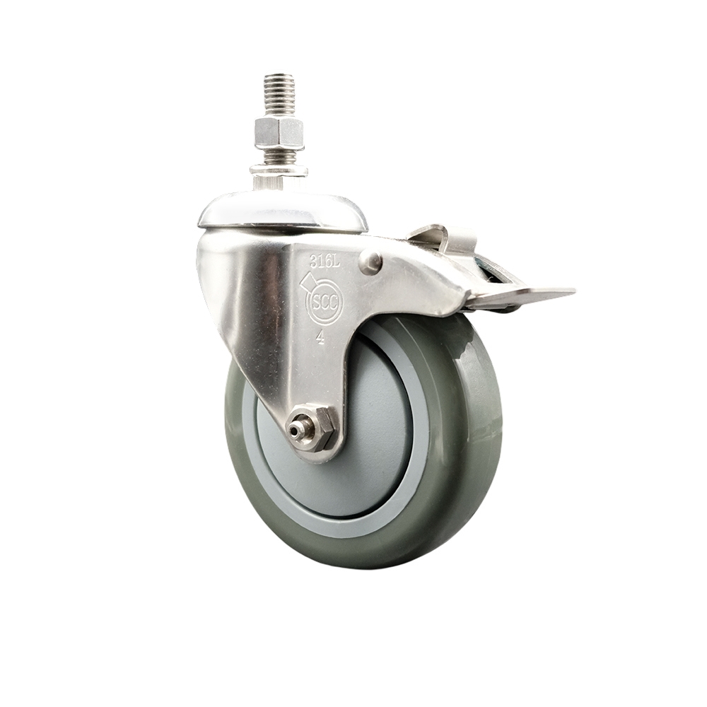 Polyurethane Swivel Stem Caster with 4 Inch Gray Caster Wheel and Total Lock Brake - 1/2" Threaded Stem - 316 Stainless Steel Caster - 350 lbs. Capacity Per Caster - Service Caster Brand — photo 1