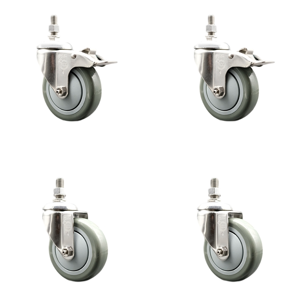 Poly Swivel Stem Caster Set of 4 with 4 Inch Gray Caster Wheels - 3/8" Threaded Stems - 316 Stainless Steel Casters -Includes 2 Swivel Casters with Total Lock Brakes and 2 Swivel-Service Caster Brand — photo 1