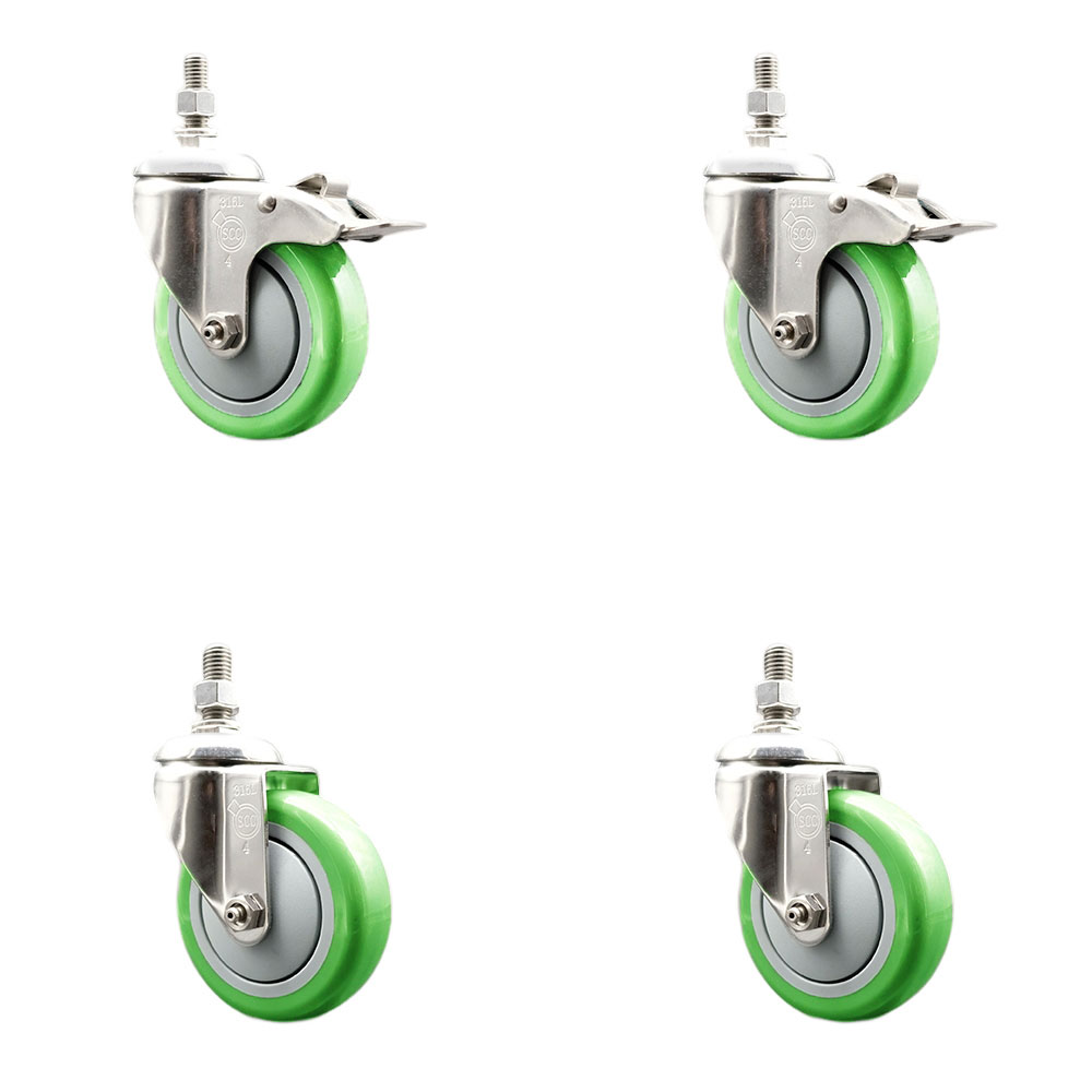 Poly Swivel Stem Caster Set of 4 with 4 Inch Green Caster Wheels - 3/8" Threaded Stems - 316 Stainless Steel Casters -Includes 2 Swivel Casters with Total Lock Brakes and 2 Swivel-Service Caster Brand — photo 1