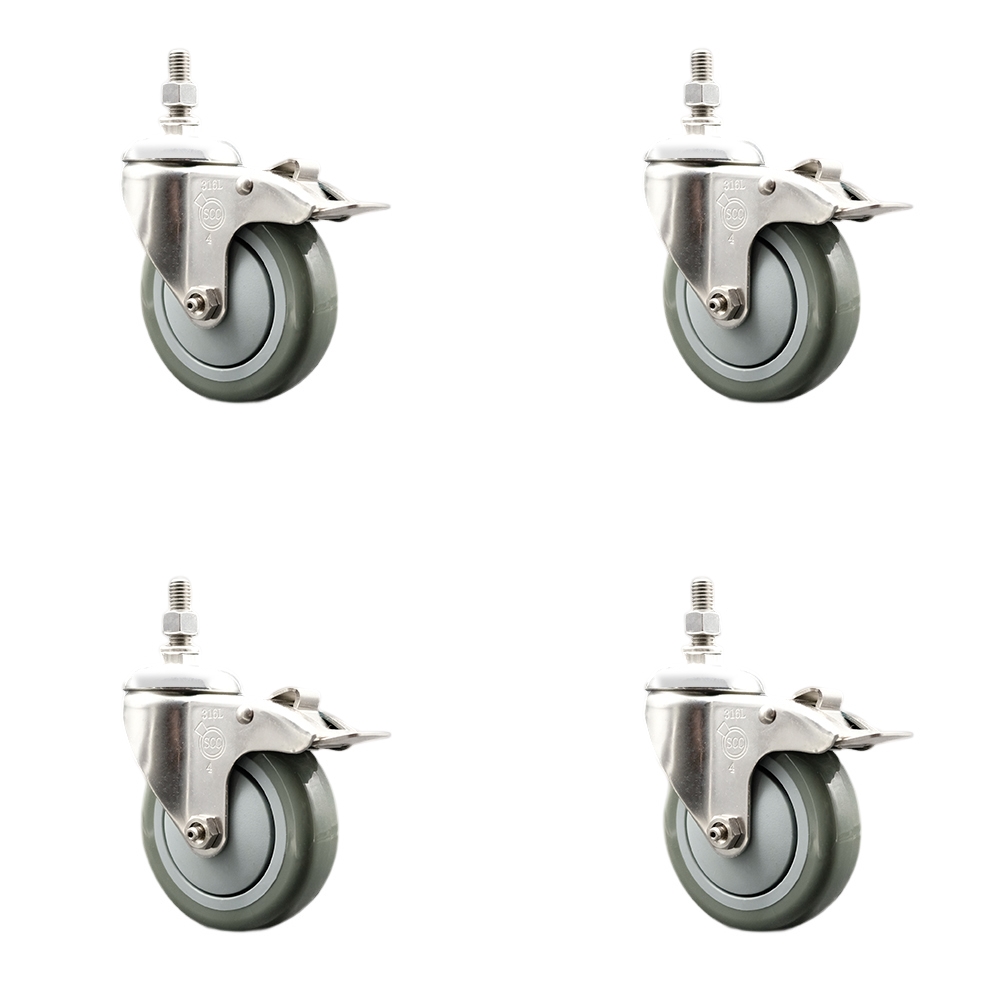 Polyurethane Swivel Stem Caster Set of 4 with 4 Inch Gray Caster Wheels - 3/8" Threaded Stems - 316 Stainless Steel Casters - Includes 4 Swivel Casters with Total Lock Brakes - Service Caster Brand — photo 1