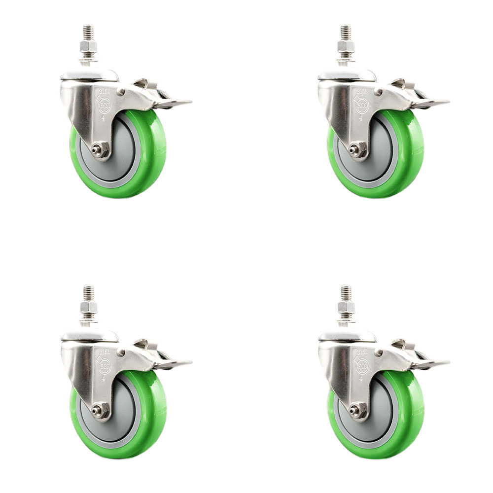 Polyurethane Swivel Stem Caster Set of 4 with 4 Inch Green Caster Wheels - 3/8" Threaded Stems - 316 Stainless Steel Casters - Includes 4 Swivel Casters with Total Lock Brakes - Service Caster Brand — photo 1