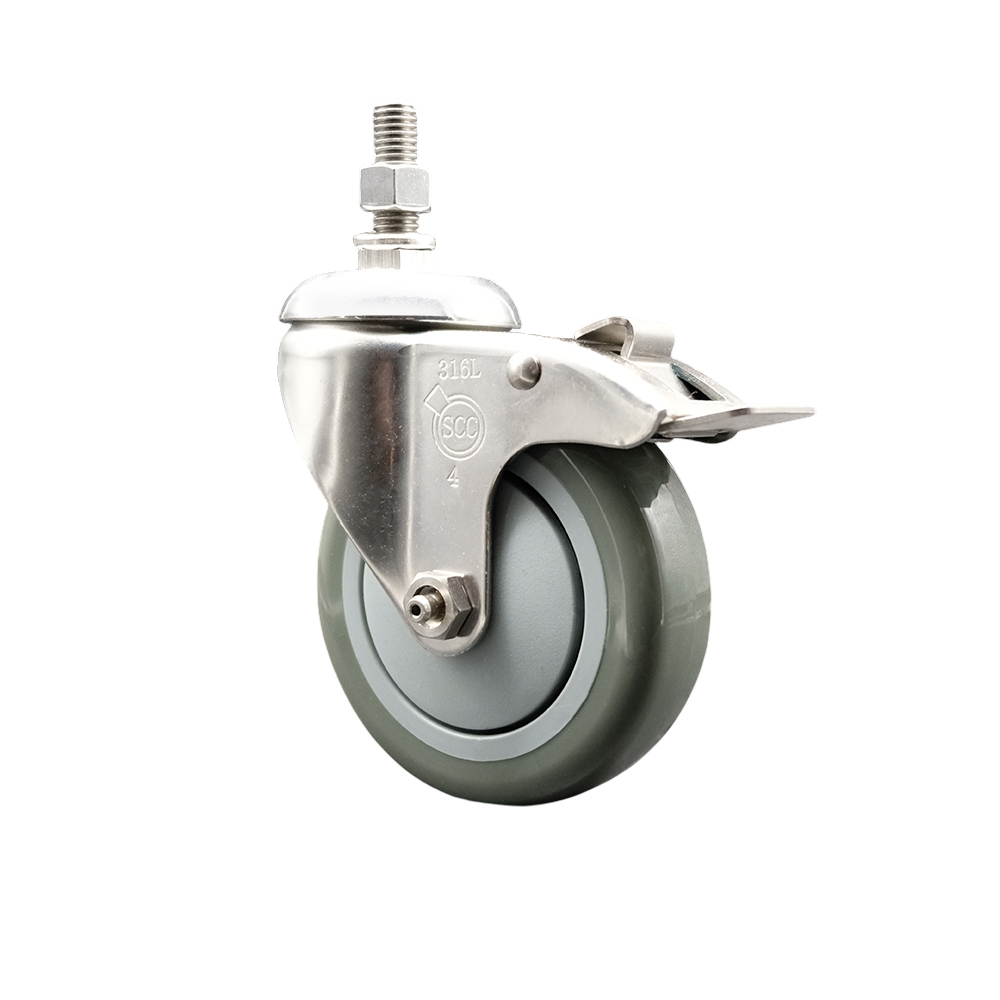 Polyurethane Swivel Stem Caster with 4 Inch Gray Caster Wheel and Total Lock Brake - 3/8" Threaded Stem - 316 Stainless Steel Caster - 350 lbs. Capacity Per Caster - Service Caster Brand — photo 1