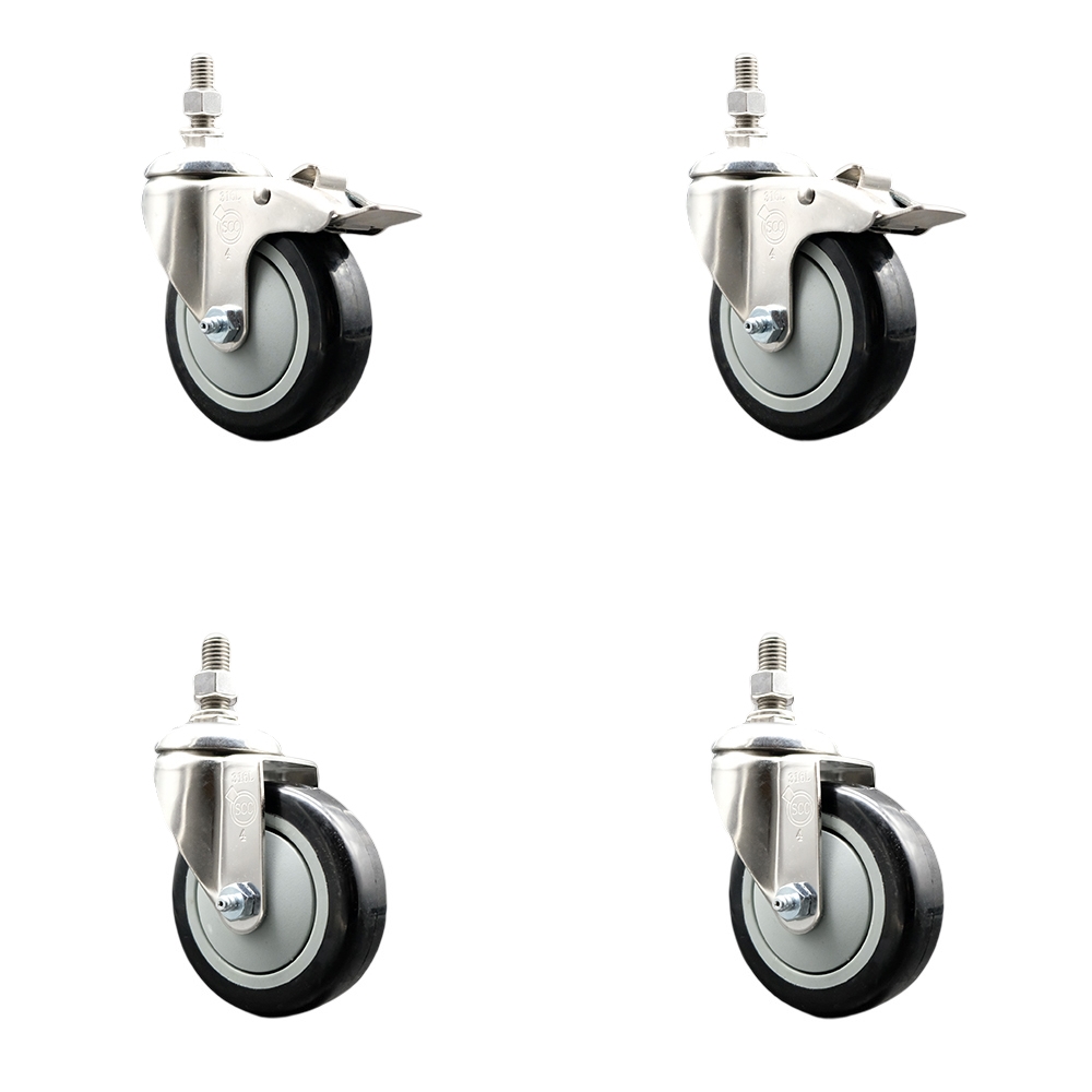 Poly Swivel Stem Caster Set of 4 with 4 Inch Black Caster Wheels - 1/2" Threaded Stems - 316 Stainless Steel Casters -Includes 2 Swivel Casters with Total Lock Brakes and 2 Swivel-Service Caster Brand — photo 1