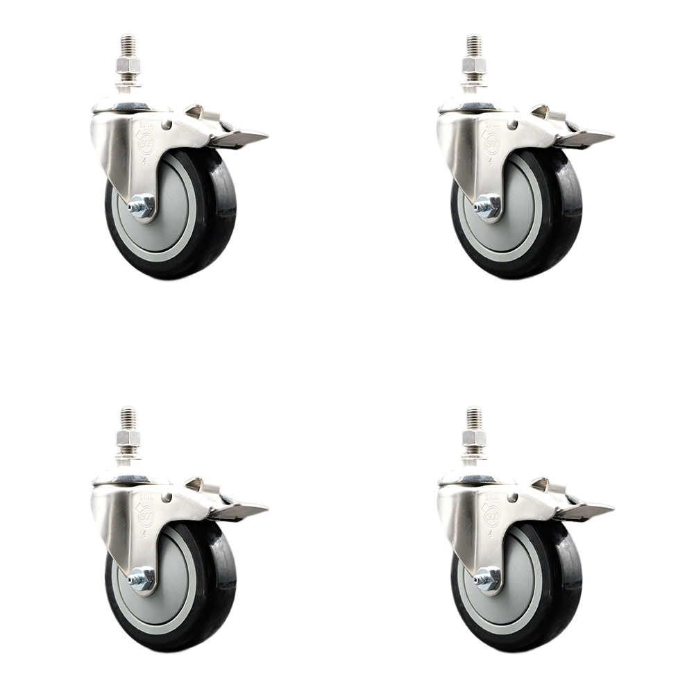 Polyurethane Swivel Stem Caster Set of 4 with 4 Inch Black Caster Wheels - 1/2" Threaded Stems - 316 Stainless Steel Casters - Includes 4 Swivel Casters with Total Lock Brakes - Service Caster Brand — photo 1