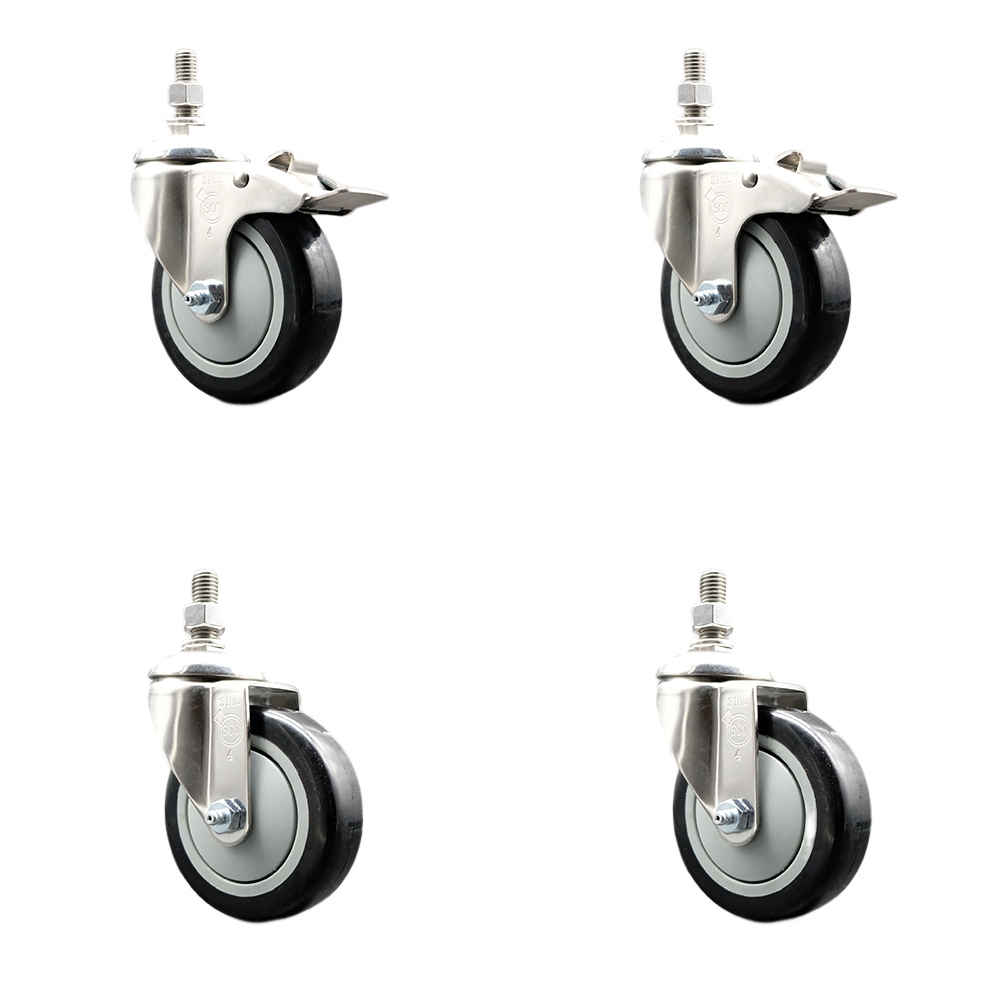 Poly Swivel Stem Caster Set of 4 with 4 Inch Black Caster Wheels - 3/8" Threaded Stems - 316 Stainless Steel Casters -Includes 2 Swivel Casters with Total Lock Brakes and 2 Swivel-Service Caster Brand — photo 1