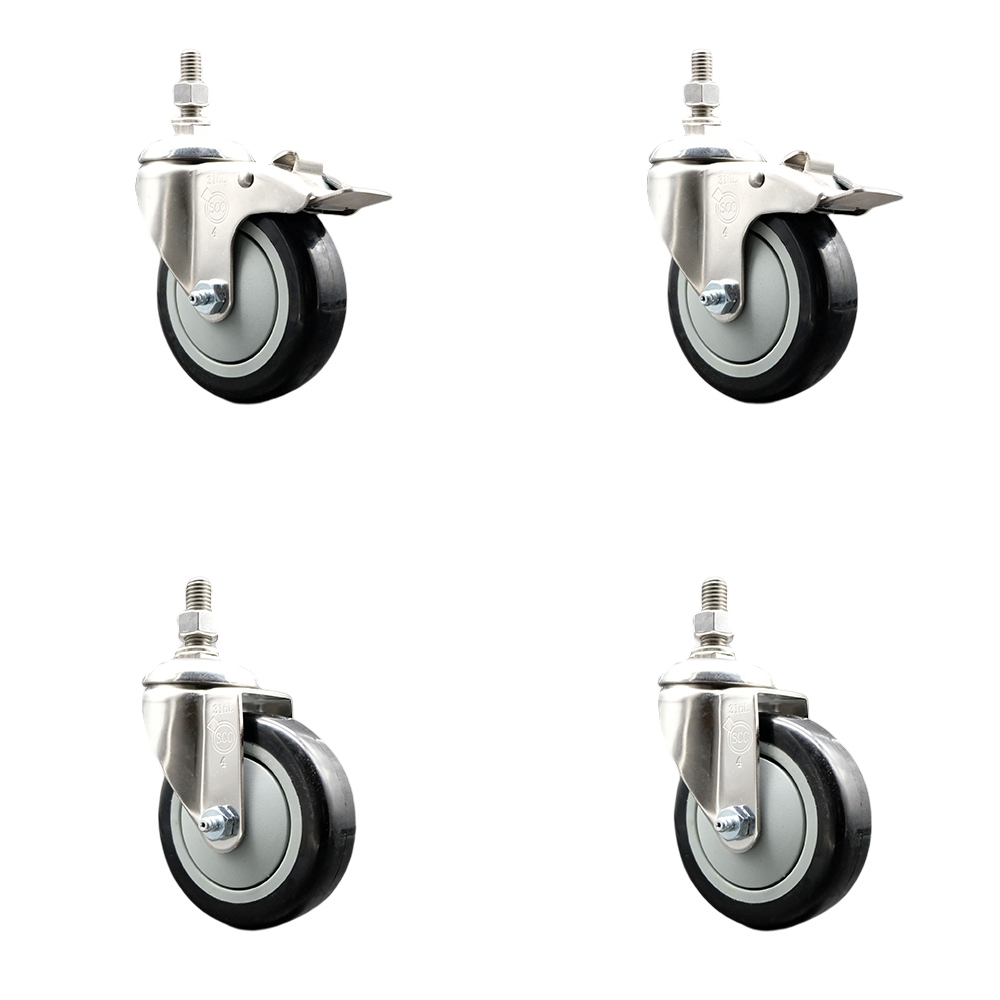 Poly Swivel Stem Caster Set of 4 with 4 Inch Black Caster Wheels-10mm Metric Threaded Stems-316 Stainless Steel Casters-Include 2 Swivel Casters with Total Lock Brake and 2 Swivel-Service Caster Brand — photo 1
