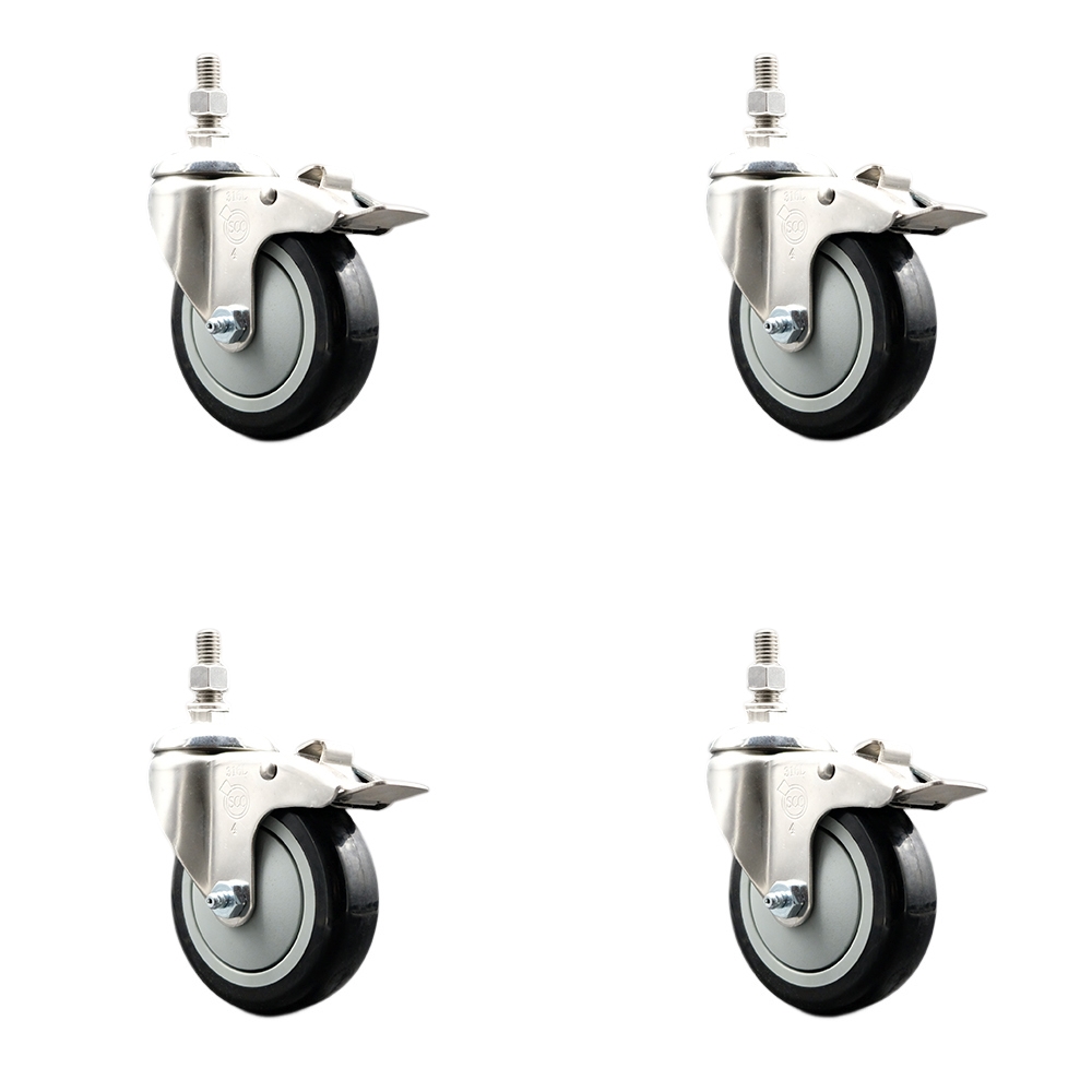 Polyurethane Swivel Stem Caster Set of 4 with 4 Inch Black Caster Wheels - 10mm Metric Threaded Stems -316 Stainless Steel Casters-Includes 4 Swivel Casters with Total Lock Brakes-Service Caster Brand — photo 1