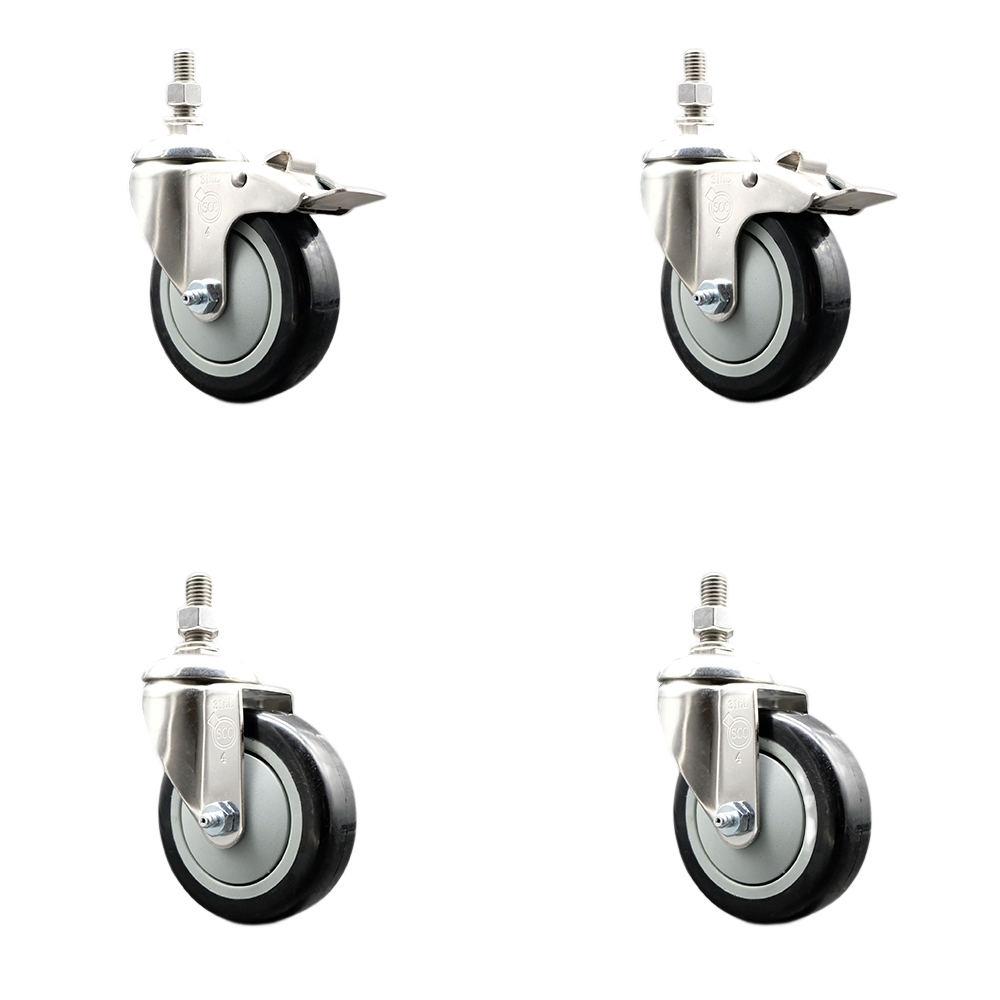 Poly Swivel Stem Caster Set of 4 with 4 Inch Black Caster Wheels-12mm Metric Threaded Stems-316 Stainless Steel Casters-Include 2 Swivel Casters with Total Lock Brake and 2 Swivel-Service Caster Brand — photo 1