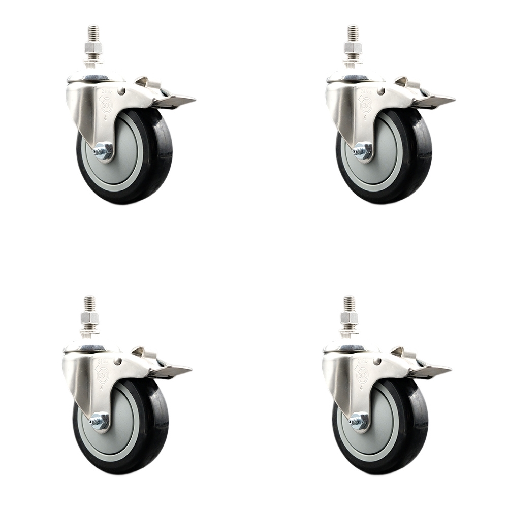 Polyurethane Swivel Stem Caster Set of 4 with 4 Inch Black Caster Wheels - 12mm Metric Threaded Stems -316 Stainless Steel Casters-Includes 4 Swivel Casters with Total Lock Brakes-Service Caster Brand — photo 1