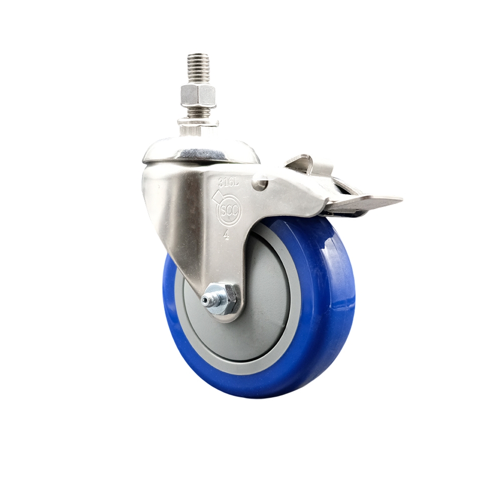Polyurethane Swivel Stem Caster with 4 Inch Blue Caster Wheel and Total Lock Brake - 1/2" Threaded Stem - 316 Stainless Steel Caster - 350 lbs. Capacity Per Caster - Service Caster Brand — photo 1