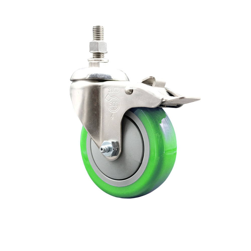 Polyurethane Swivel Stem Caster with 4 Inch Green Caster Wheel and Total Lock Brake - 3/8" Threaded Stem - 316 Stainless Steel Caster - 350 lbs. Capacity Per Caster - Service Caster Brand — photo 1