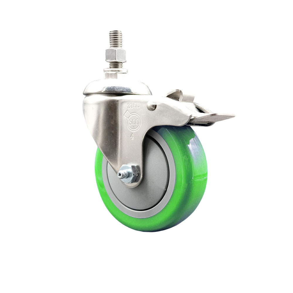 Polyurethane Swivel Stem Caster with 4 Inch Green Caster Wheel and Total Lock Brake - 10mm Metric Threaded Stem - 316 Stainless Steel Caster - 350 lbs. Capacity Per Caster - Service Caster Brand — photo 1