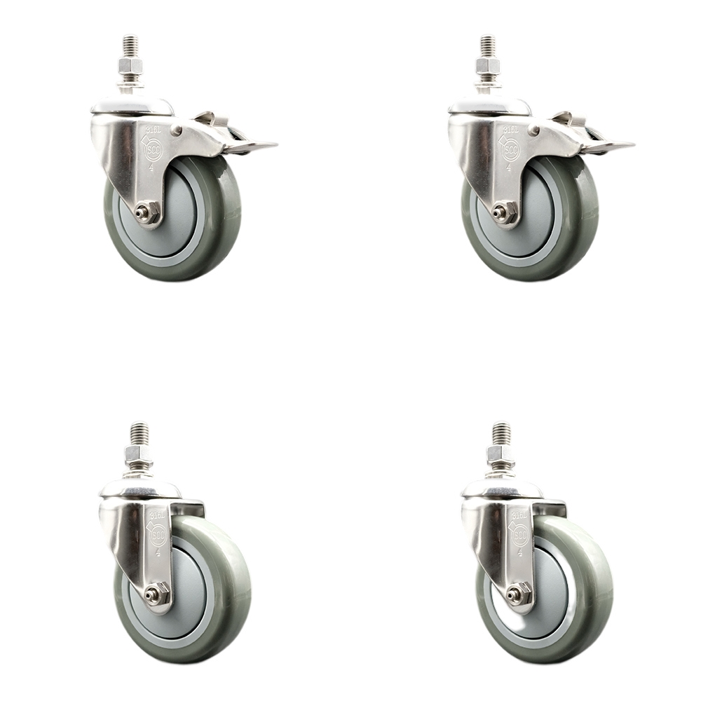 Poly Swivel Stem Caster Set of 4 with 4 Inch Gray Caster Wheels-10mm Metric Threaded Stems-316 Stainless Steel Casters-Include 2 Swivel Casters with Total Lock Brake and 2 Swivel-Service Caster Brand — photo 1