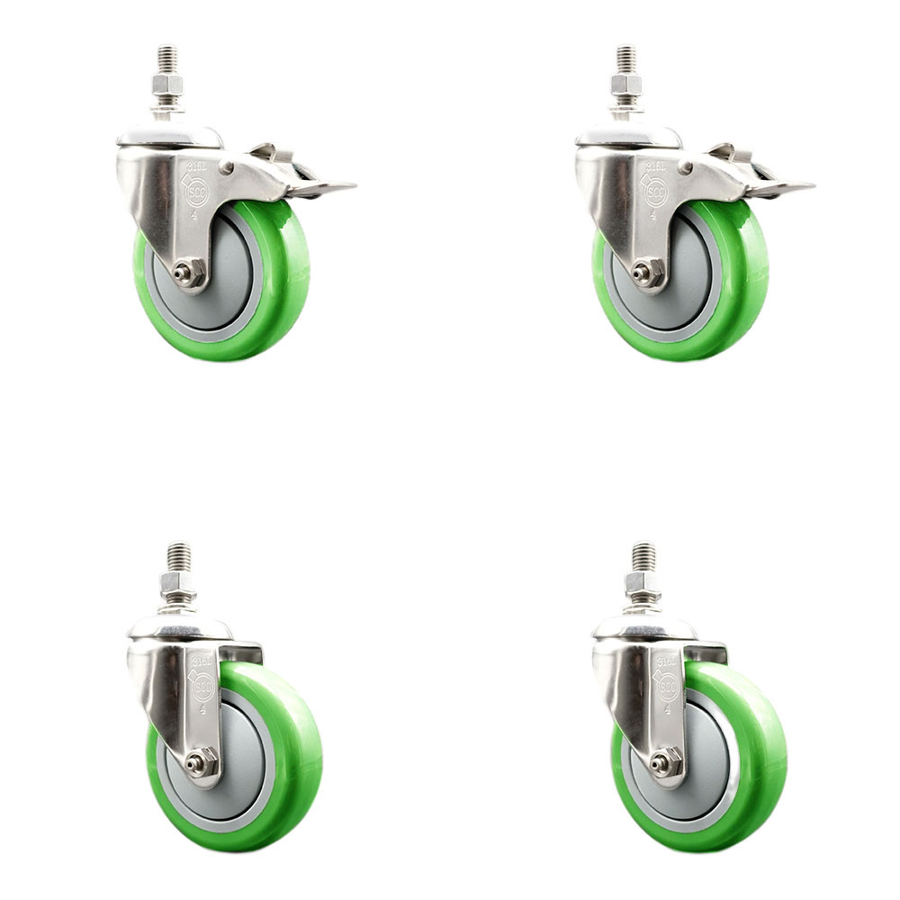 Poly Swivel Stem Caster Set of 4 with 4 Inch Green Caster Wheels-10mm Metric Threaded Stems-316 Stainless Steel Casters-Include 2 Swivel Casters with Total Lock Brake and 2 Swivel-Service Caster Brand — photo 1