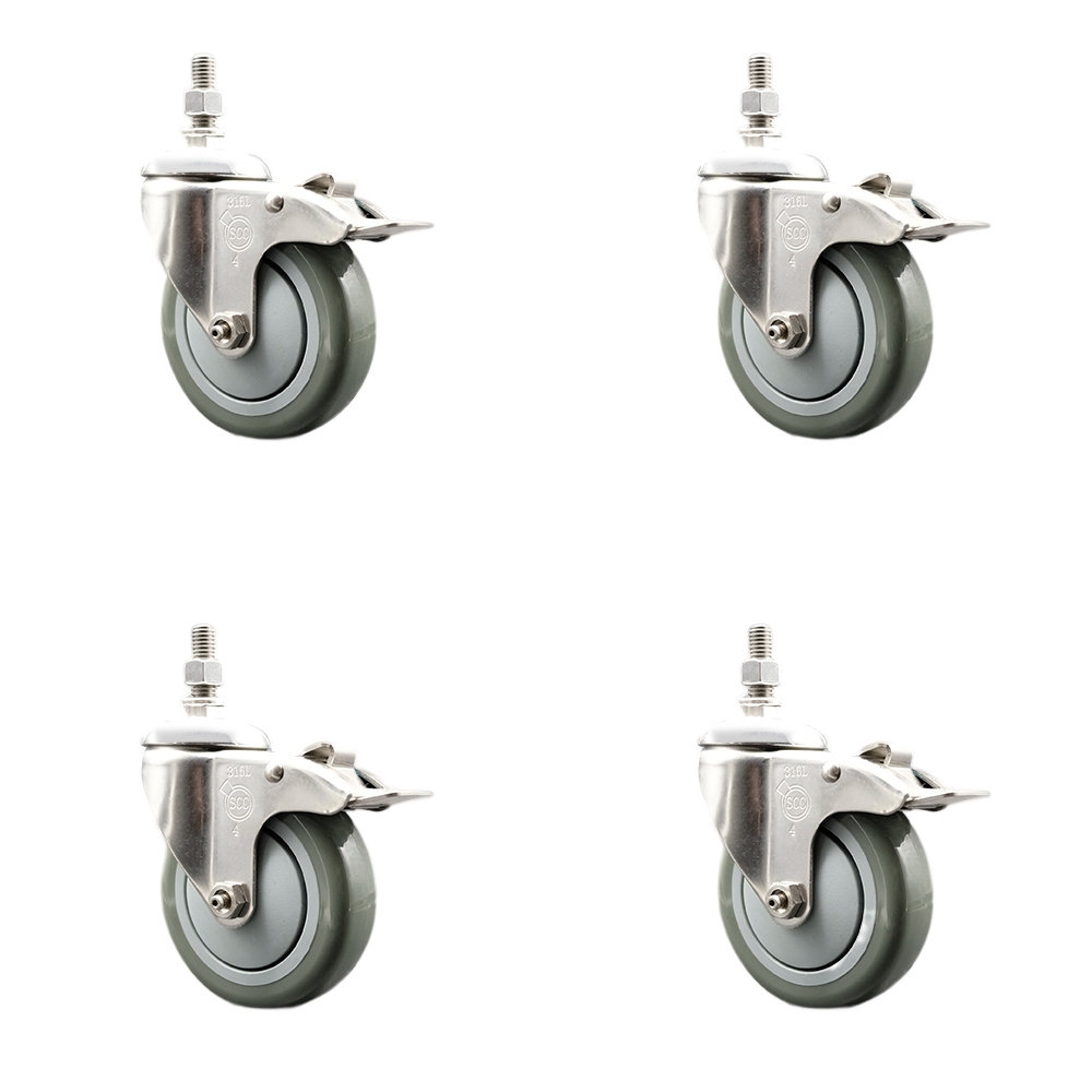 Polyurethane Swivel Stem Caster Set of 4 with 4 Inch Gray Caster Wheels - 10mm Metric Threaded Stems -316 Stainless Steel Casters-Includes 4 Swivel Casters with Total Lock Brakes-Service Caster Brand — photo 1
