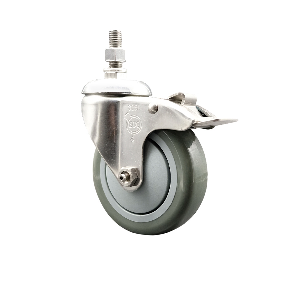 Polyurethane Swivel Stem Caster with 4 Inch Gray Caster Wheel and Total Lock Brake - 10mm Metric Threaded Stem - 316 Stainless Steel Caster - 350 lbs. Capacity Per Caster - Service Caster Brand — photo 1