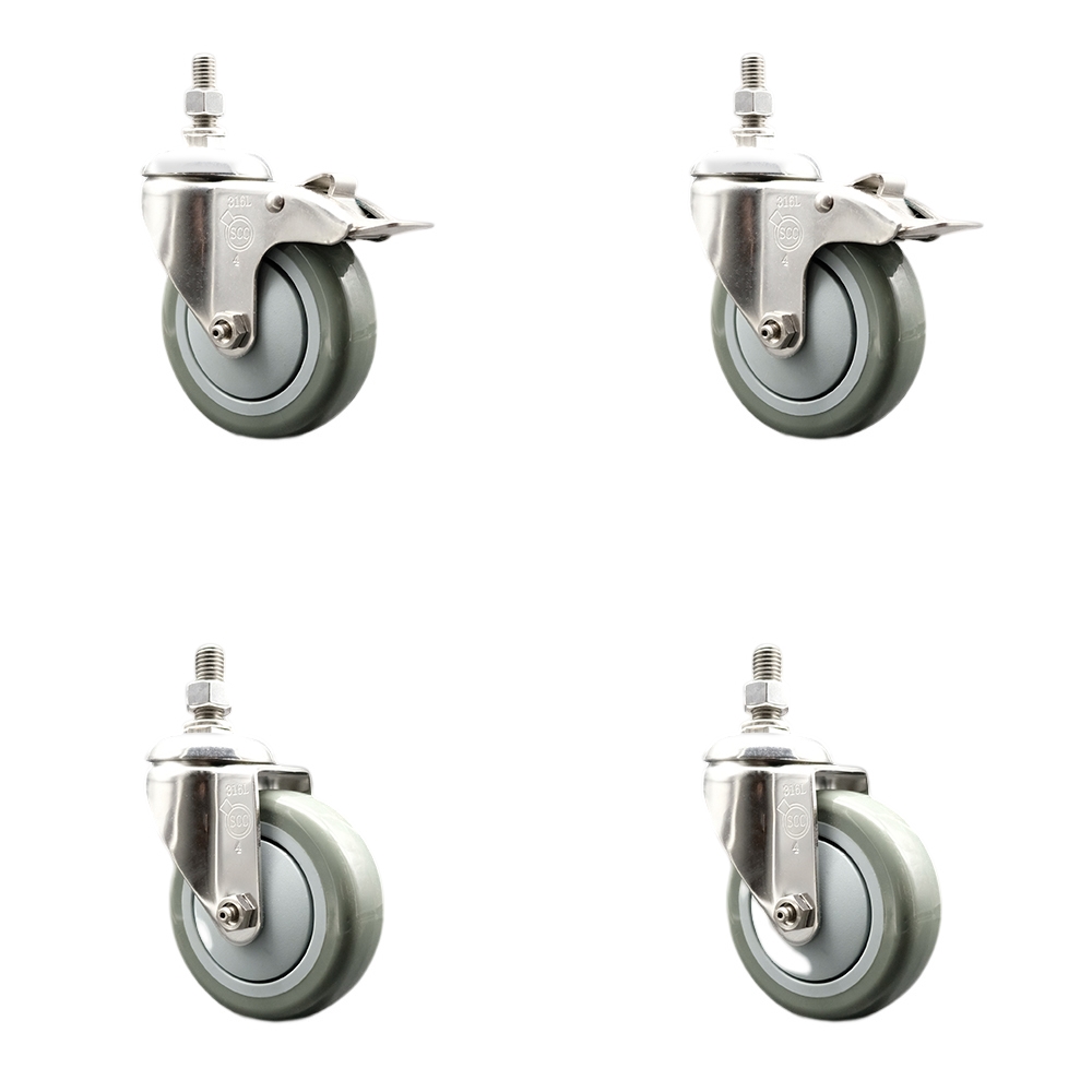 Poly Swivel Stem Caster Set of 4 with 4 Inch Gray Caster Wheels-12mm Metric Threaded Stems-316 Stainless Steel Casters-Include 2 Swivel Casters with Total Lock Brake and 2 Swivel-Service Caster Brand — photo 1