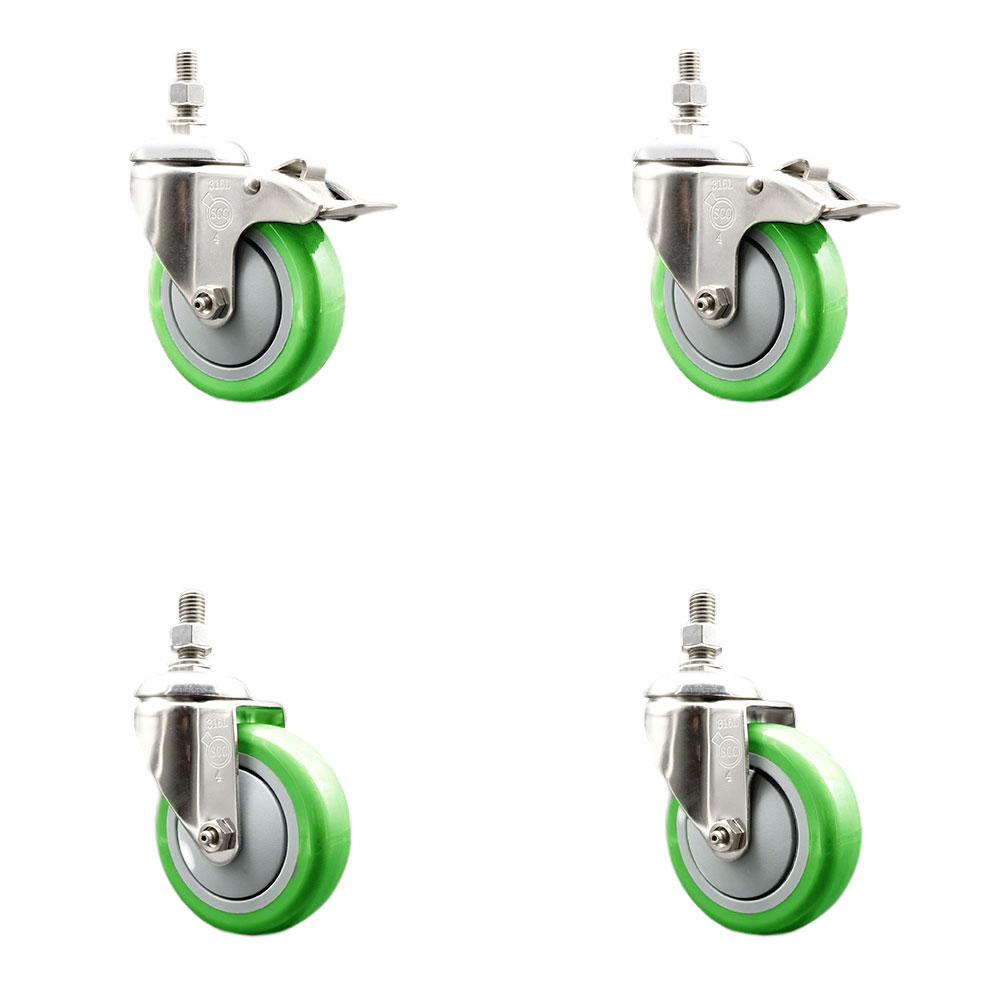 Poly Swivel Stem Caster Set of 4 with 4 Inch Green Caster Wheels-12mm Metric Threaded Stems-316 Stainless Steel Casters-Include 2 Swivel Casters with Total Lock Brake and 2 Swivel-Service Caster Brand — photo 1
