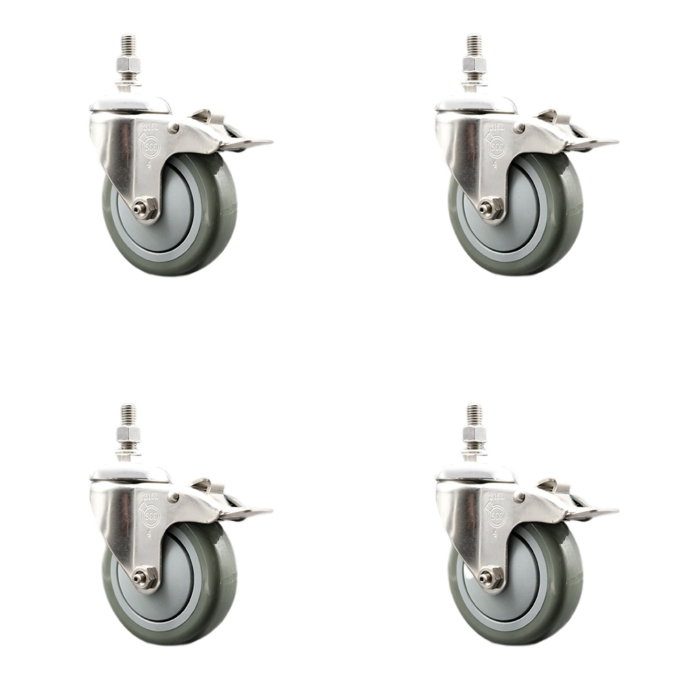 Polyurethane Swivel Stem Caster Set of 4 with 4 Inch Gray Caster Wheels - 12mm Metric Threaded Stems -316 Stainless Steel Casters-Includes 4 Swivel Casters with Total Lock Brakes-Service Caster Brand — photo 1