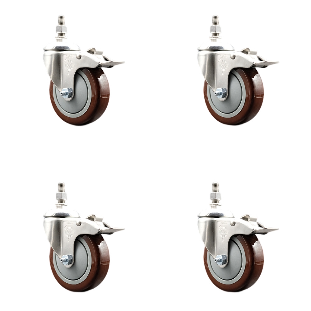Polyurethane Swivel Stem Caster Set of 4 with 4 Inch Maroon Caster Wheels - 1/2" Threaded Stems - 316 Stainless Steel Casters - Includes 4 Swivel Casters with Total Lock Brakes - Service Caster Brand — photo 1