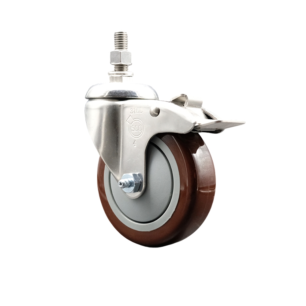 Polyurethane Swivel Stem Caster with 4 Inch Maroon Caster Wheel and Total Lock Brake - 1/2" Threaded Stem - 316 Stainless Steel Caster - 350 lbs. Capacity Per Caster - Service Caster Brand — photo 1