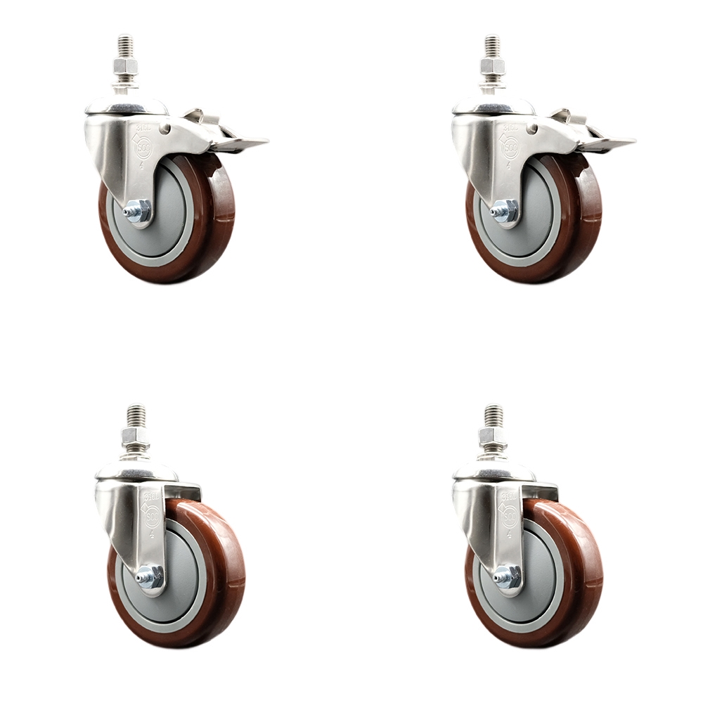 Poly Swivel Stem Caster Set of 4 with 4 Inch Maroon Caster Wheels - 3/8" Threaded Stems - 316 Stainless Steel Casters-Includes 2 Swivel Casters with Total Lock Brakes and 2 Swivel-Service Caster Brand — photo 1