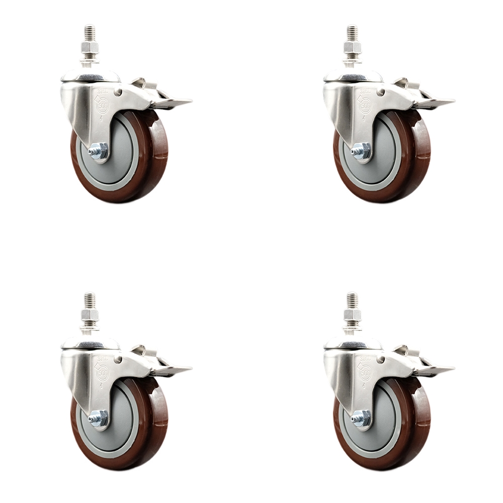 Polyurethane Swivel Stem Caster Set of 4 with 4 Inch Maroon Caster Wheels - 3/8" Threaded Stems - 316 Stainless Steel Casters - Includes 4 Swivel Casters with Total Lock Brakes - Service Caster Brand — photo 1