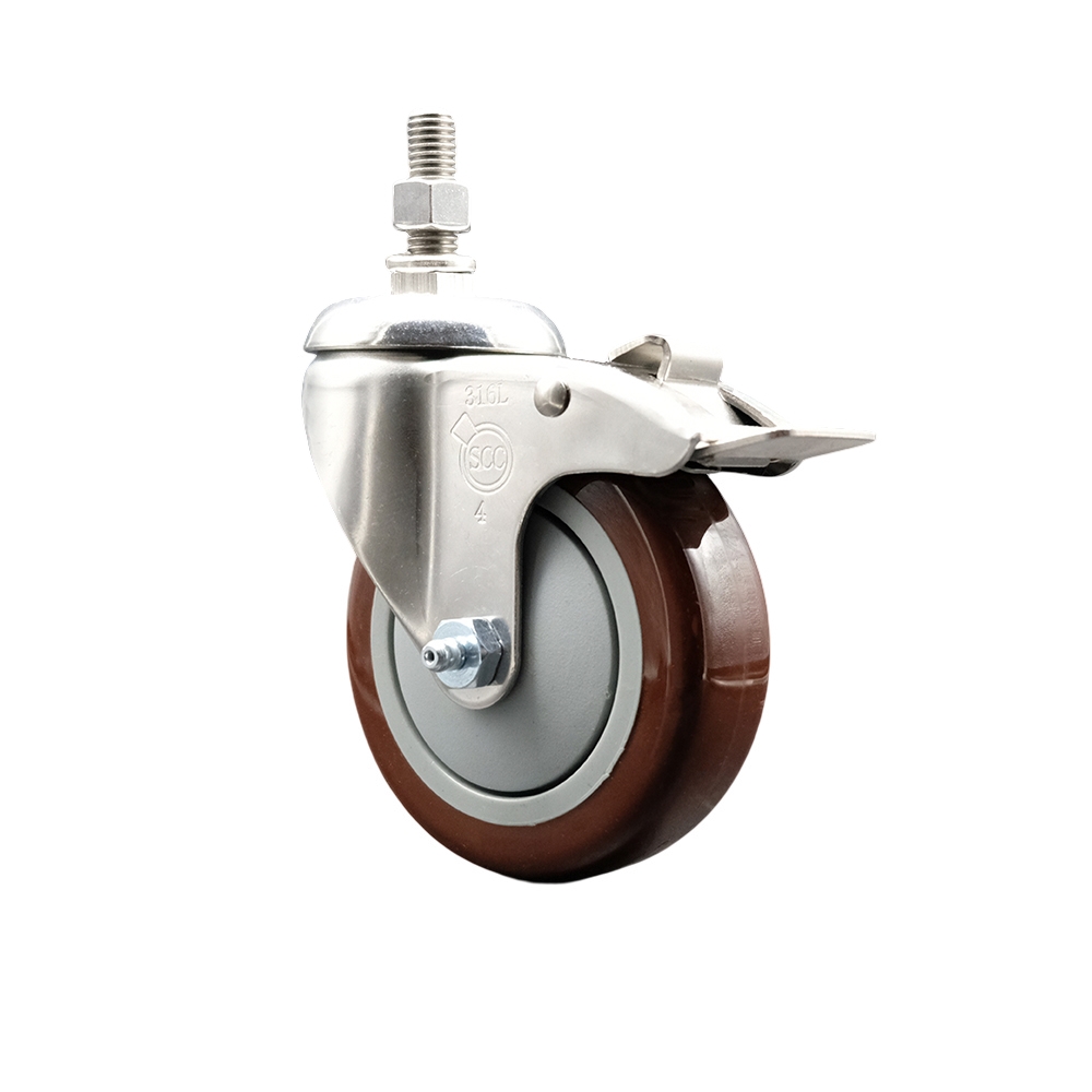 Polyurethane Swivel Stem Caster with 4 Inch Maroon Caster Wheel and Total Lock Brake - 3/8" Threaded Stem - 316 Stainless Steel Caster - 350 lbs. Capacity Per Caster - Service Caster Brand — photo 1