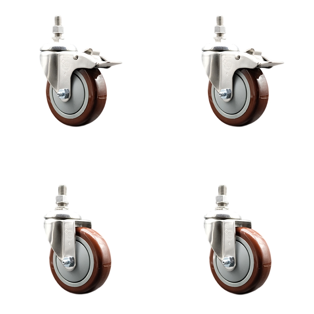 Poly Swivel Stem Caster Set of 4 with 4 Inch Maroon Caster Wheels-12mm Metric Threaded Stems-316 Stainless Steel Caster-Include 2 Swivel Casters with Total Lock Brake and 2 Swivel-Service Caster Brand — photo 1