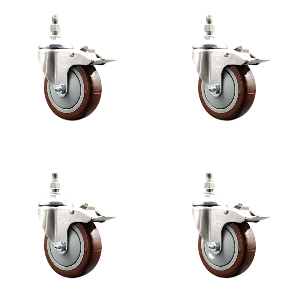 Polyurethane Swivel Stem Caster Set of 4 with 4 Inch Maroon Caster Wheels - 12mm Metric Threaded Stems-316 Stainless Steel Casters-Includes 4 Swivel Casters with Total Lock Brakes-Service Caster Brand — photo 1