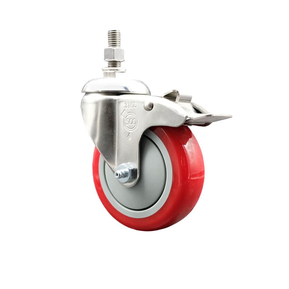 Polyurethane Swivel Stem Caster with 4 Inch Red Caster Wheel and Total Lock Brake - 1/2" Threaded Stem - 316 Stainless Steel Caster - 350 lbs. Capacity Per Caster - Service Caster Brand — photo 1