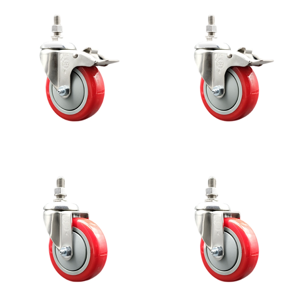 Poly Swivel Stem Caster Set of 4 with 4 Inch Red Caster Wheels - 1/2" Threaded Stems - 316 Stainless Steel Casters -Includes 2 Swivel Casters with Total Lock Brakes and 2 Swivel-Service Caster Brand — photo 1
