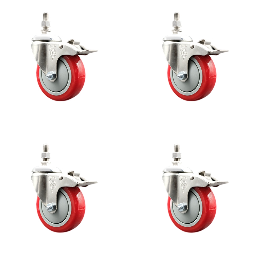 Polyurethane Swivel Stem Caster Set of 4 with 4 Inch Red Caster Wheels - 3/8" Threaded Stems - 316 Stainless Steel Casters - Includes 4 Swivel Casters with Total Lock Brakes - Service Caster Brand — photo 1