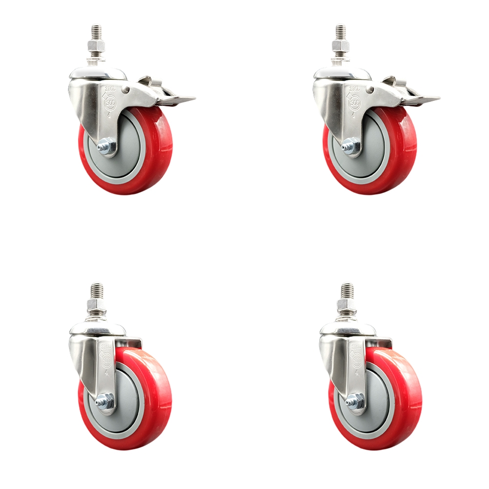 Poly Swivel Stem Caster Set of 4 with 4 Inch Red Caster Wheels-10mm Metric Threaded Stems-316 Stainless Steel Casters-Include 2 Swivel Casters with Total Lock Brake and 2 Swivel-Service Caster Brand — photo 1