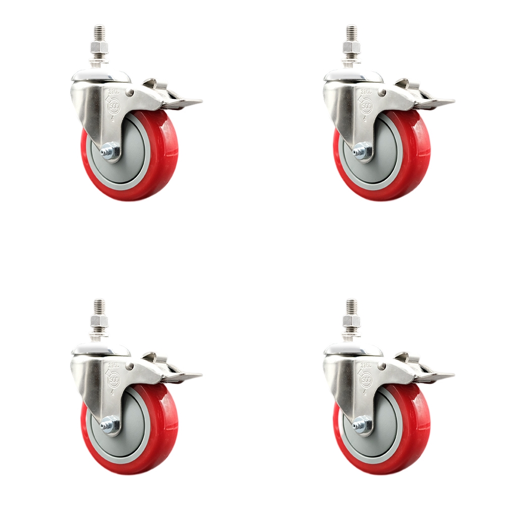 Polyurethane Swivel Stem Caster Set of 4 with 4 Inch Red Caster Wheels - 10mm Metric Threaded Stems -316 Stainless Steel Casters-Includes 4 Swivel Casters with Total Lock Brakes-Service Caster Brand — photo 1