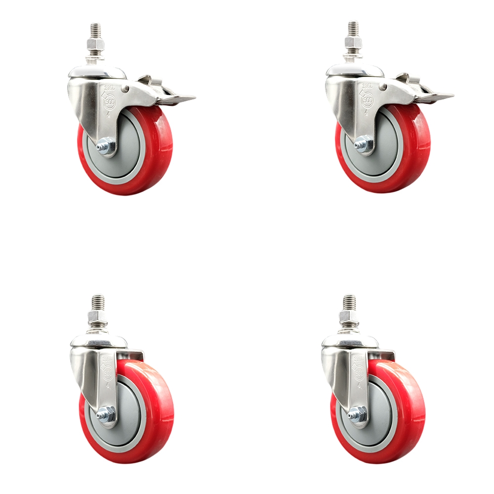 Poly Swivel Stem Caster Set of 4 with 4 Inch Red Caster Wheels-12mm Metric Threaded Stems-316 Stainless Steel Casters-Include 2 Swivel Casters with Total Lock Brake and 2 Swivel-Service Caster Brand — photo 1