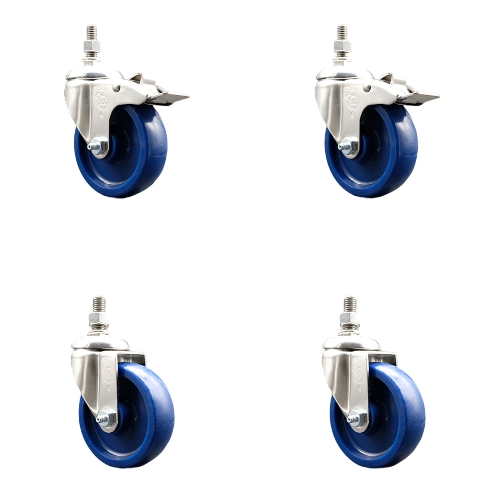 Solid Poly Swivel Stem Caster Set of 4 with 4 Inch Caster Wheels - 1/2" Threaded Stems - 316 Stainless Steel Casters-Includes 2 Swivel Casters with Total Lock Brakes and 2 Swivel- Service Caster Brand — photo 1
