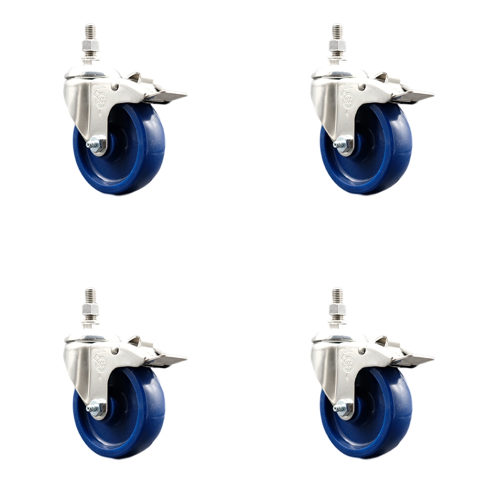 Solid Polyurethane Swivel Stem Caster Set of 4 with 4 Inch Caster Wheels - 1/2" Threaded Stems - 316 Stainless Steel Casters - Includes 4 Swivel Casters with Total Lock Brakes - Service Caster Brand — photo 1