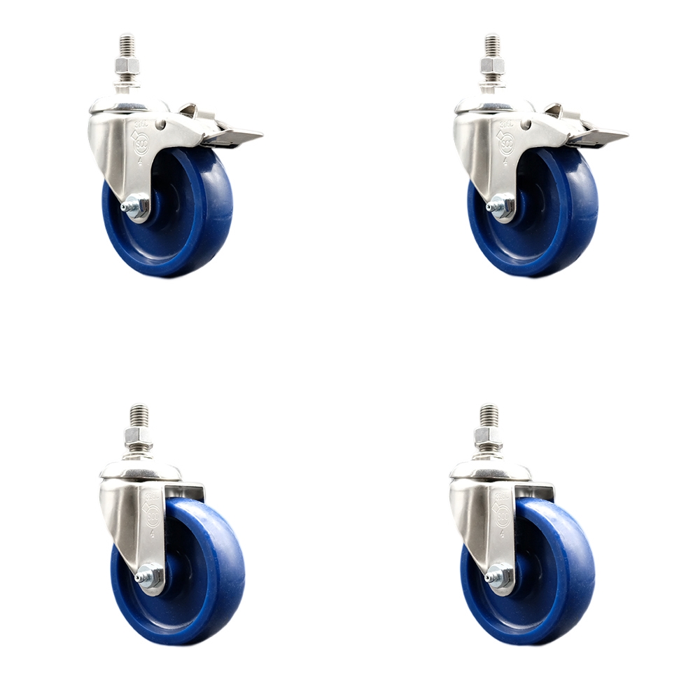 Solid Poly Swivel Stem Caster Set of 4 with 4 Inch Caster Wheels - 3/8" Threaded Stems - 316 Stainless Steel Casters-Includes 2 Swivel Casters with Total Lock Brakes and 2 Swivel- Service Caster Brand — photo 1