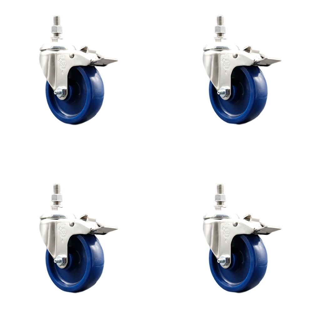 Solid Polyurethane Swivel Stem Caster Set of 4 with 4 Inch Caster Wheels - 3/8" Threaded Stems - 316 Stainless Steel Casters - Includes 4 Swivel Casters with Total Lock Brakes - Service Caster Brand — photo 1