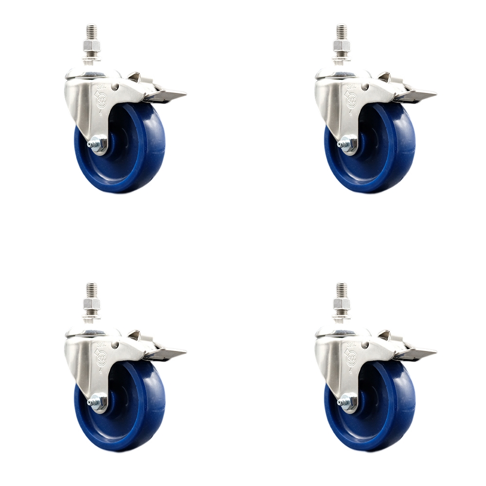 Solid Polyurethane Swivel Stem Caster Set of 4 with 4 Inch Caster Wheels - 10mm Metric Threaded Stems -316 Stainless Steel Casters-Includes 4 Swivel Casters with Total Lock Brakes-Service Caster Brand — photo 1