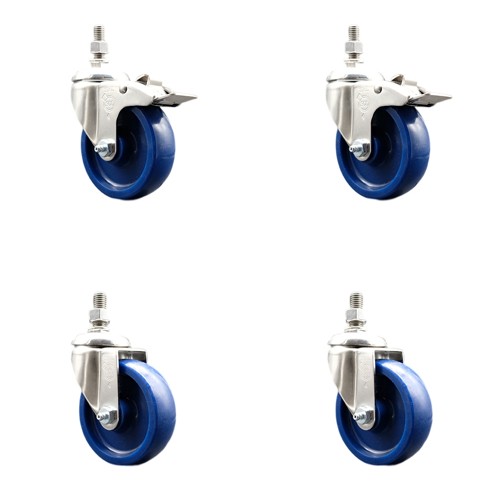 Solid Poly Swivel Stem Caster Set of 4 with 4 Inch Caster Wheels-12mm Metric Threaded Stems-316 Stainless Steel Casters-Include 2 Swivel Casters with Total Lock Brake and 2 Swivel-Service Caster Brand — photo 1