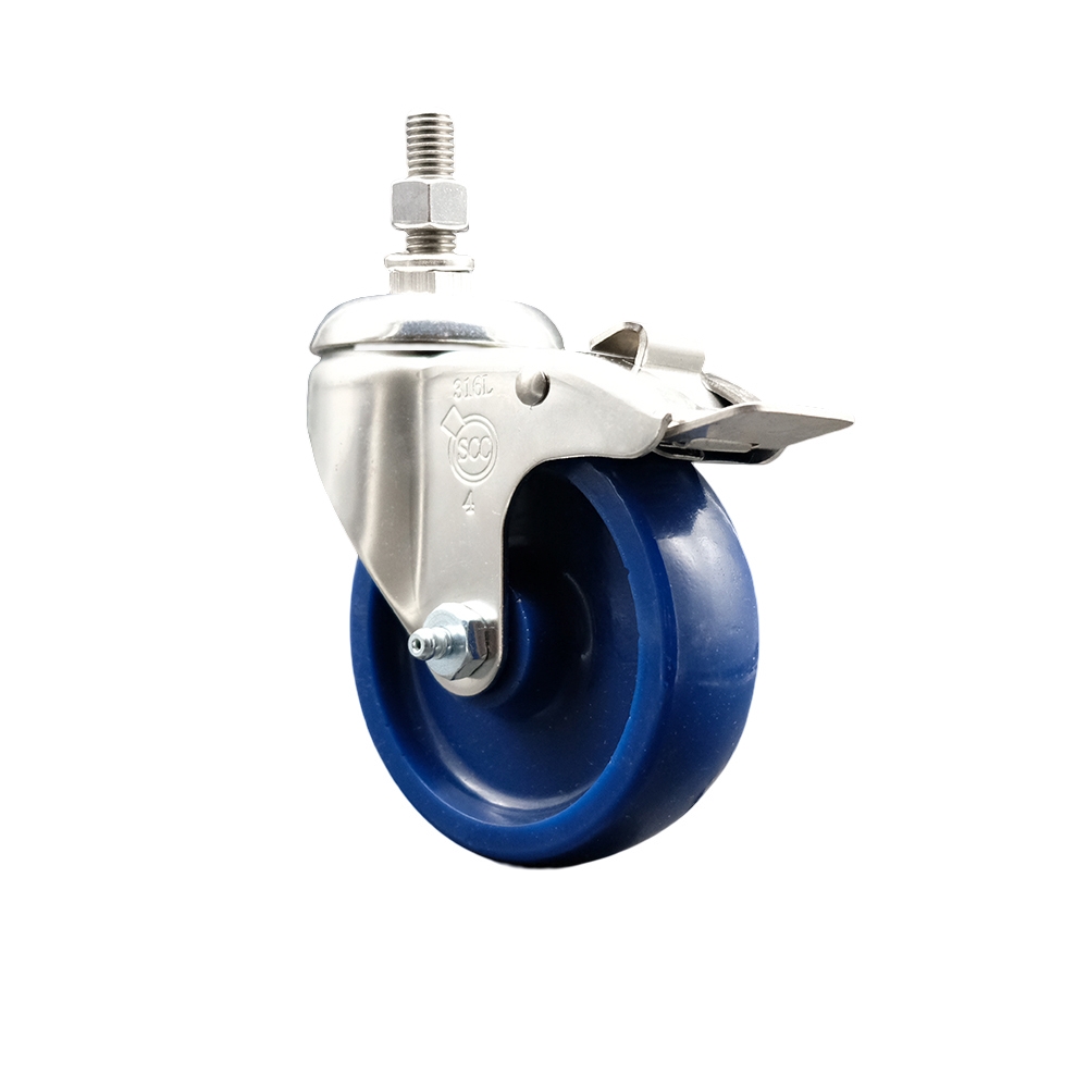 Solid Polyurethane Swivel Stem Caster with 4 Inch Blue Caster Wheel and Total Lock Brake - 12mm Metric Threaded Stem - 316 Stainless Steel Caster - 300 lbs. Capacity Per Caster - Service Caster Brand — photo 1